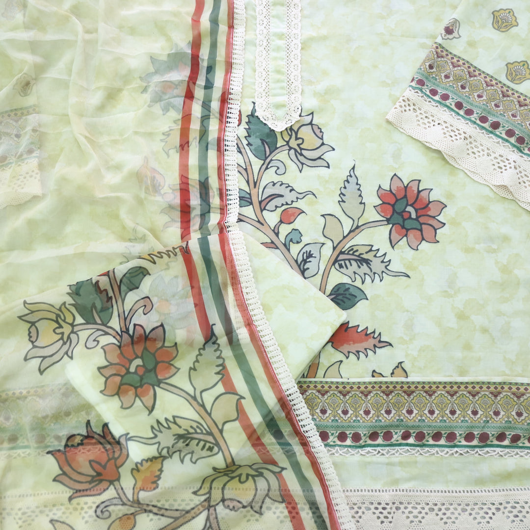 Lahori Mint Green Lace Work Printed Pakistani Inspired Cotton Suit Set