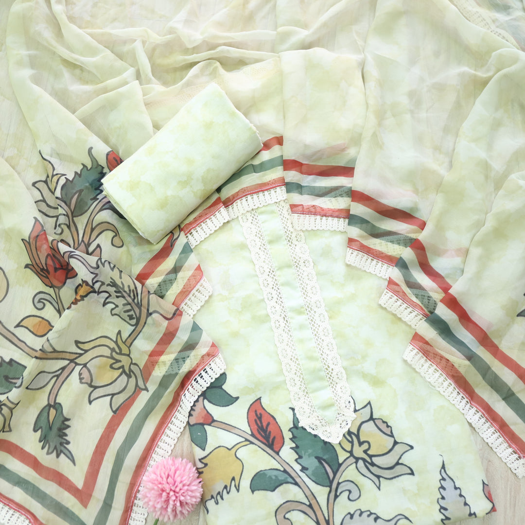 Lahori Mint Green Lace Work Printed Pakistani Inspired Cotton Suit Set