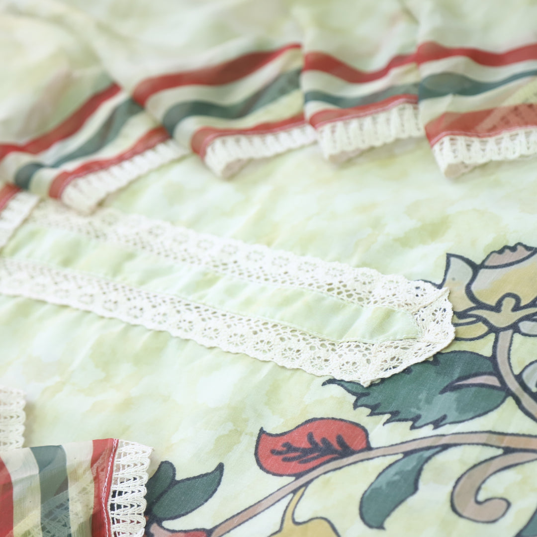 Lahori Mint Green Lace Work Printed Pakistani Inspired Cotton Suit Set