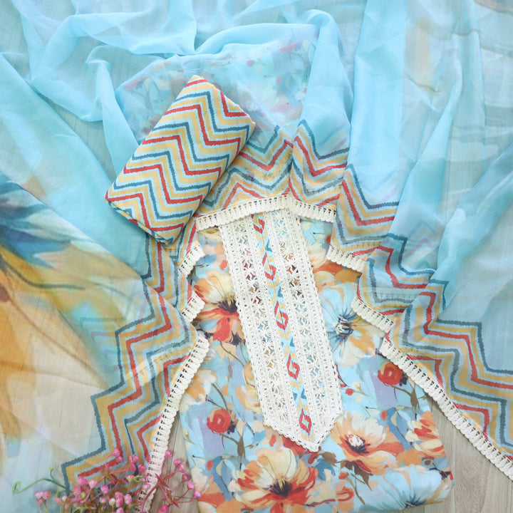 Lahori Sky Blue Lace Work Printed Pakistani Inspired Cotton Suit Set