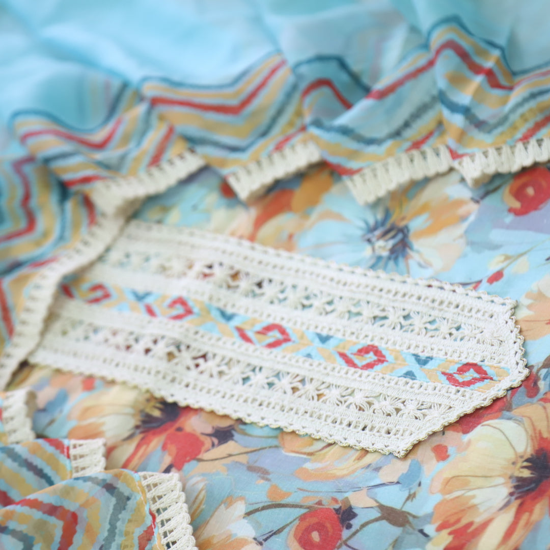 Lahori Sky Blue Lace Work Printed Pakistani Inspired Cotton Suit Set