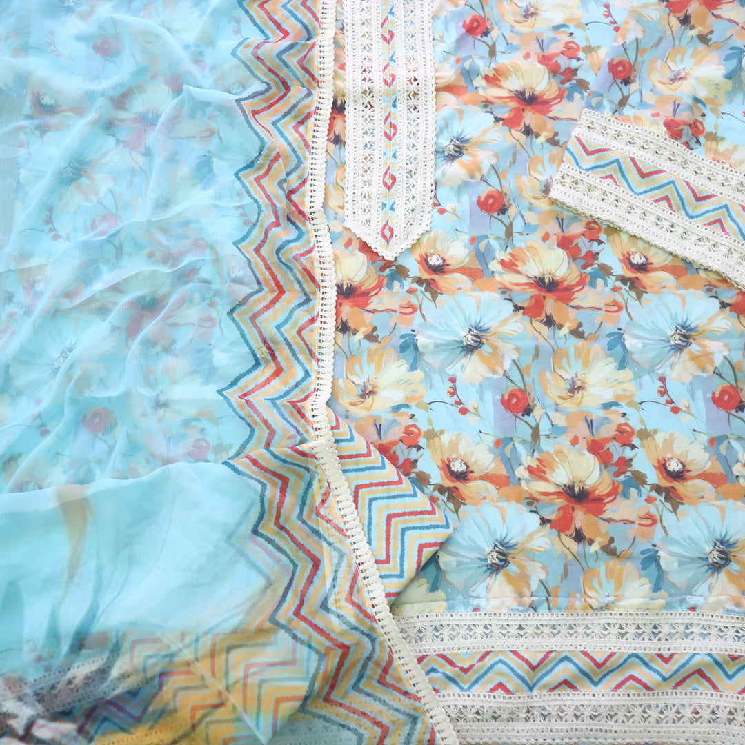 Lahori Sky Blue Lace Work Printed Pakistani Inspired Cotton Suit Set