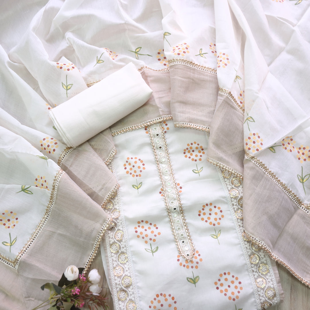 Lahori Cream White Lace Work Neck Pakistani Inspired Chanderi Suit Set