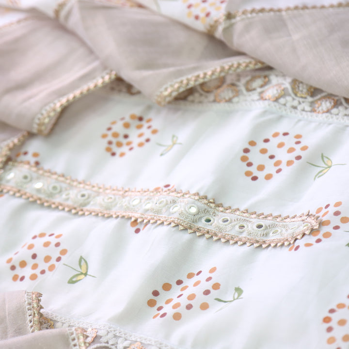 Lahori Cream White Lace Work Neck Pakistani Inspired Chanderi Suit Set