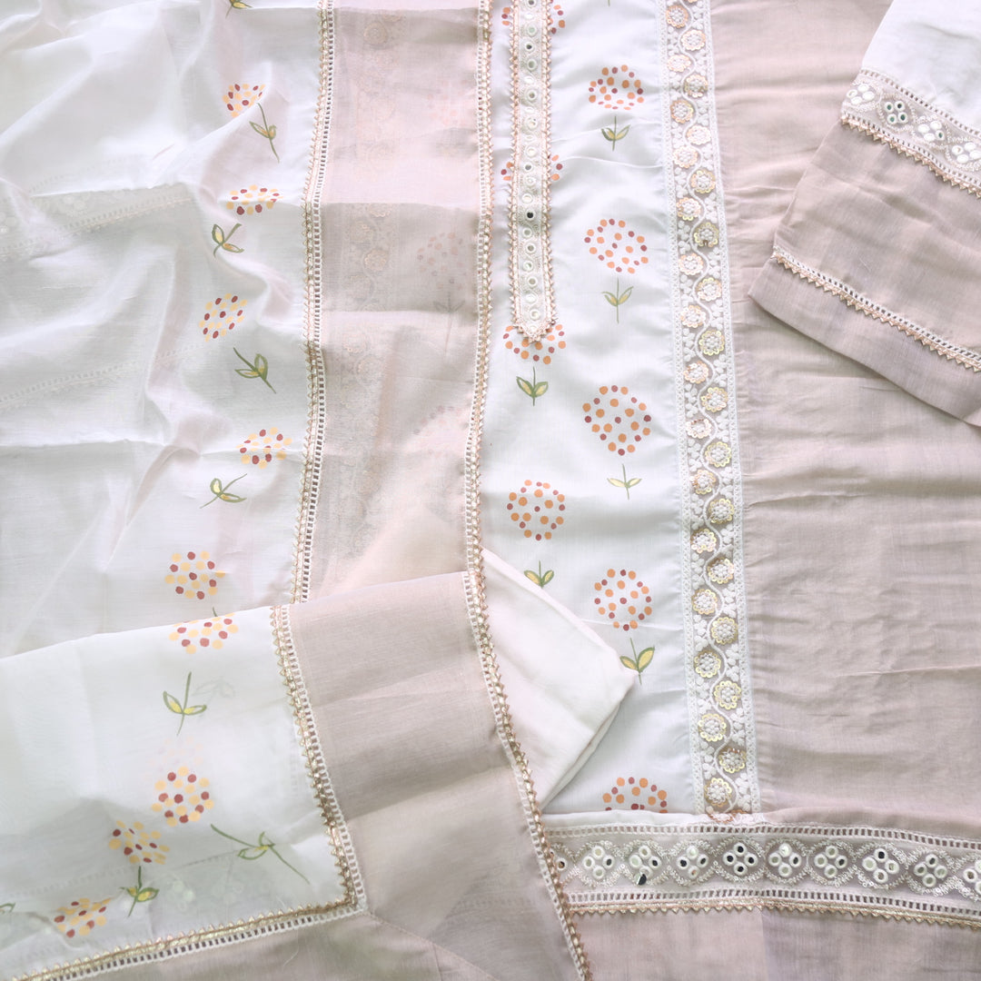 Lahori Cream White Lace Work Neck Pakistani Inspired Chanderi Suit Set