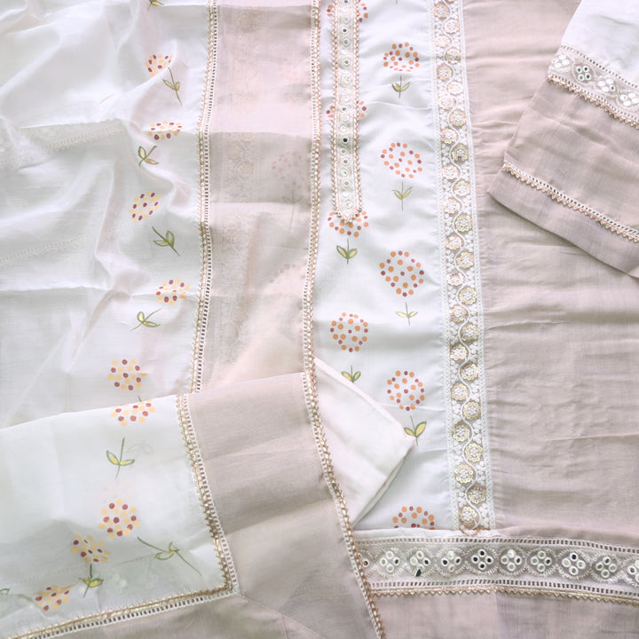 Lahori Cream White Lace Work Neck Pakistani Inspired Chanderi Suit Set