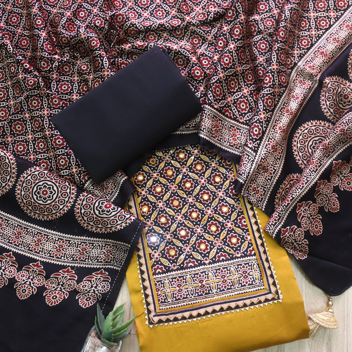 Safar Dijon Yellow Printed Work Neck Glazed Cotton Suit with Mashru Dupatta-D2