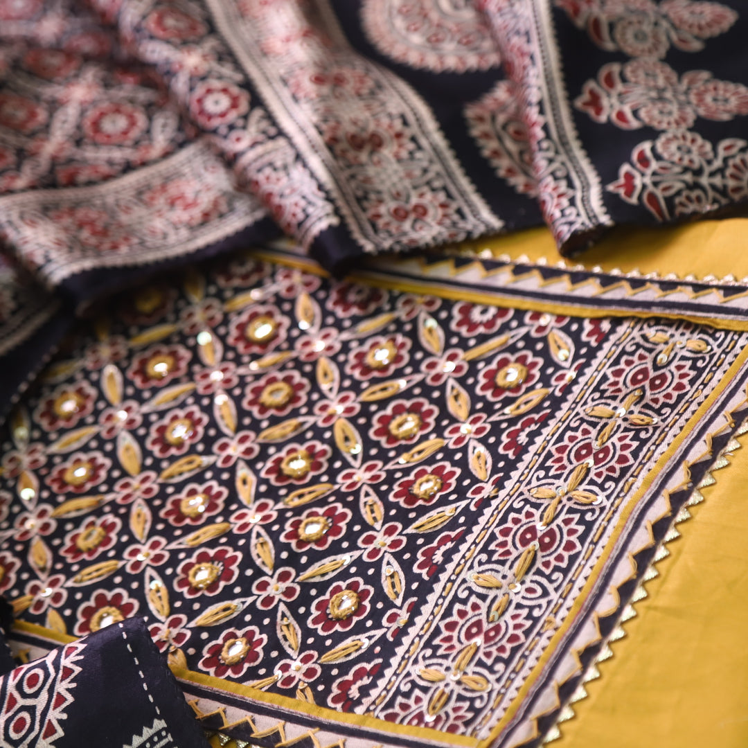 Safar Dijon Yellow Printed Work Neck Glazed Cotton Suit with Mashru Dupatta-D2