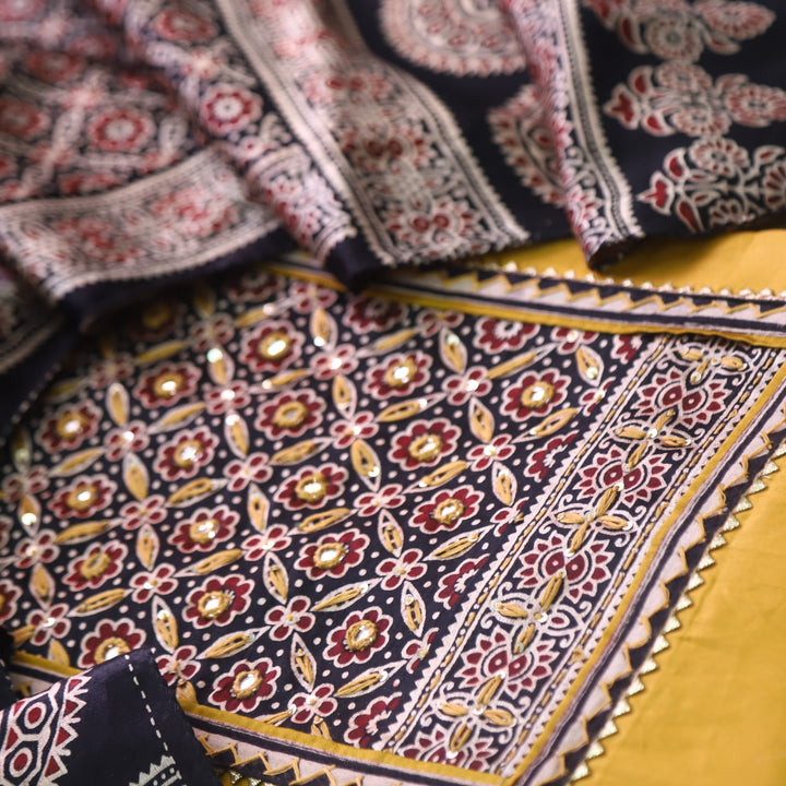 Safar Dijon Yellow Printed Work Neck Glazed Cotton Suit with Mashru Dupatta-D2