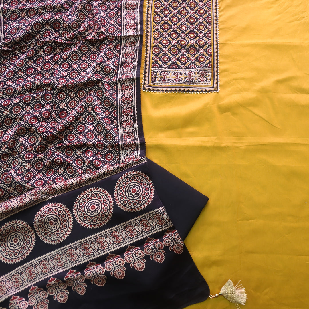 Safar Dijon Yellow Printed Work Neck Glazed Cotton Suit with Mashru Dupatta-D2