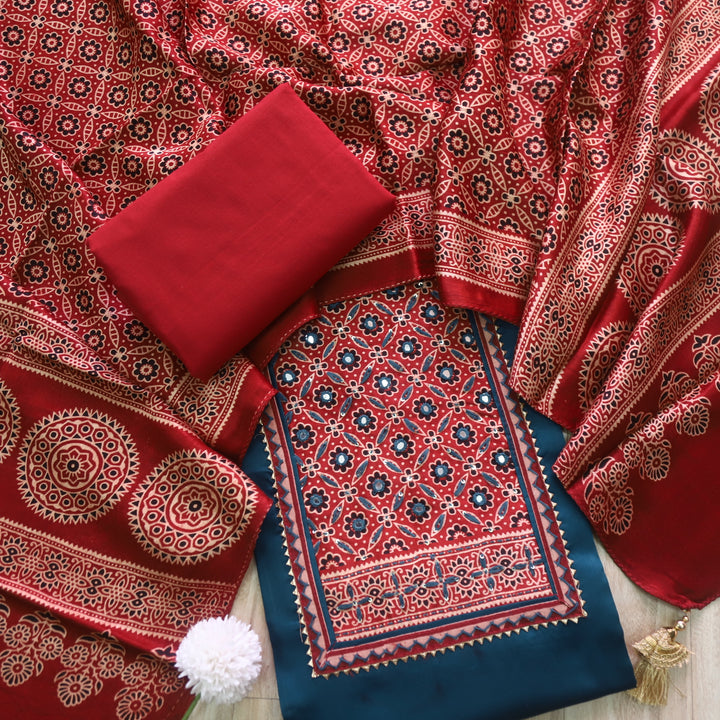 Safar Orford Blue Printed Work Neck Glazed Cotton Suit with Mashru Dupatta-D2