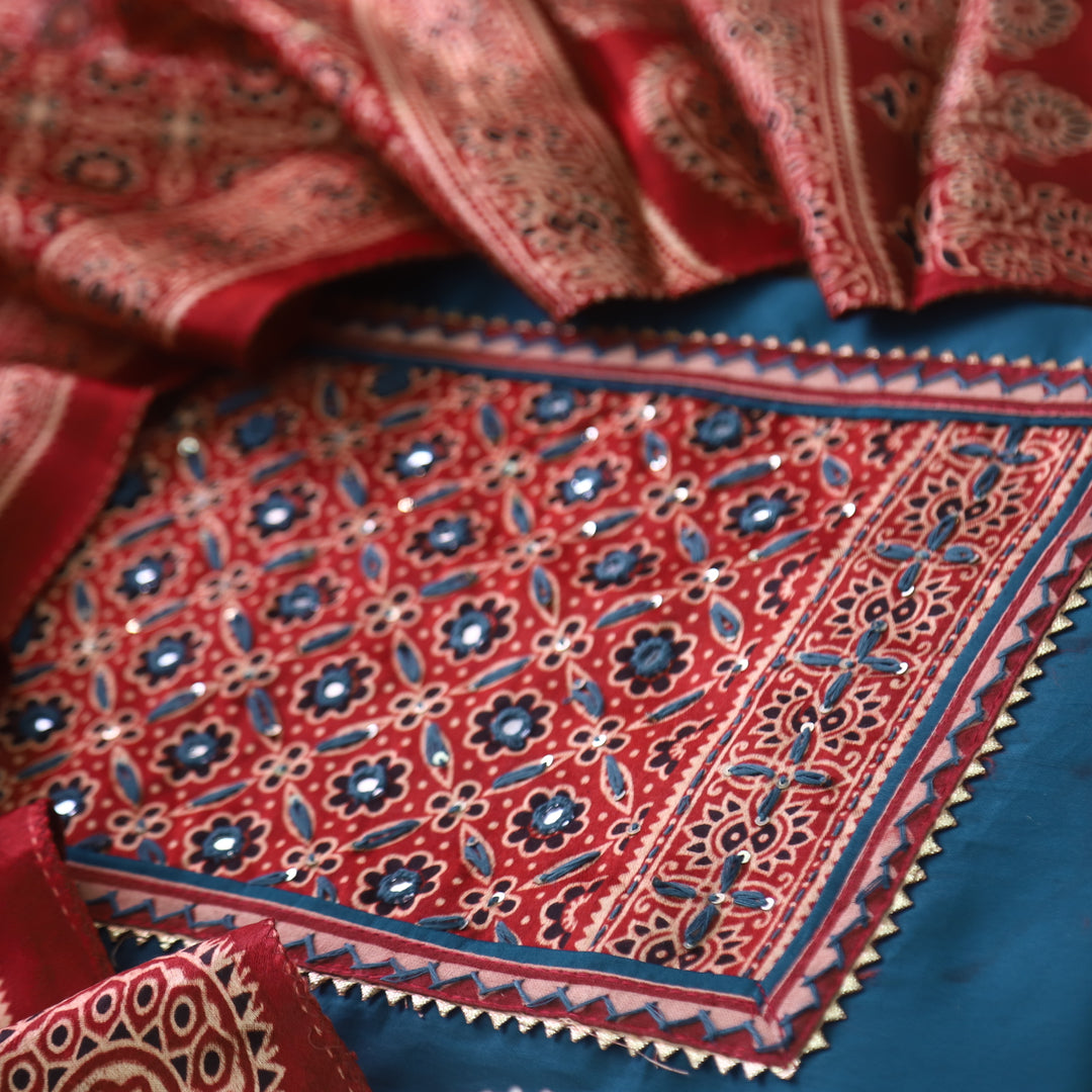 Safar Orford Blue Printed Work Neck Glazed Cotton Suit with Mashru Dupatta-D2