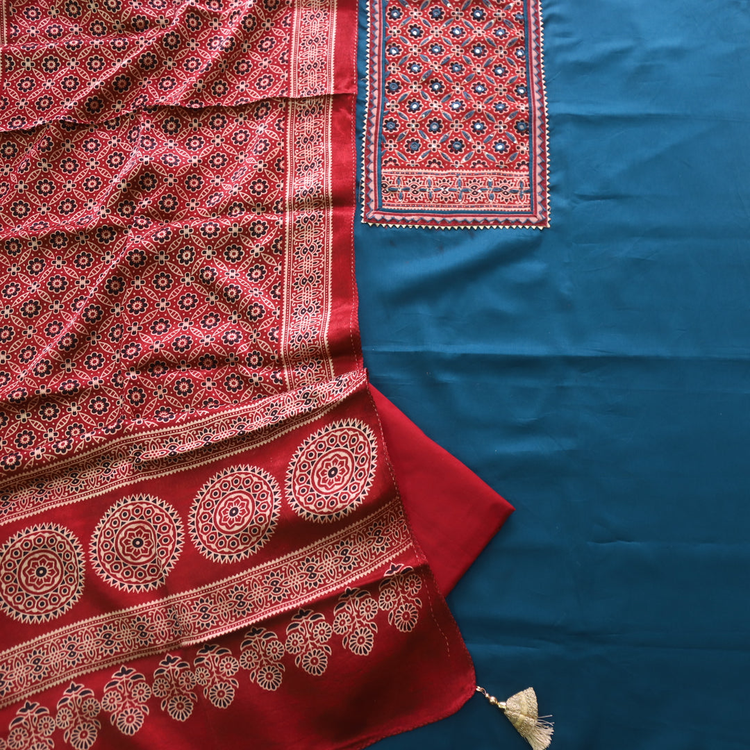 Safar Orford Blue Printed Work Neck Glazed Cotton Suit with Mashru Dupatta-D2