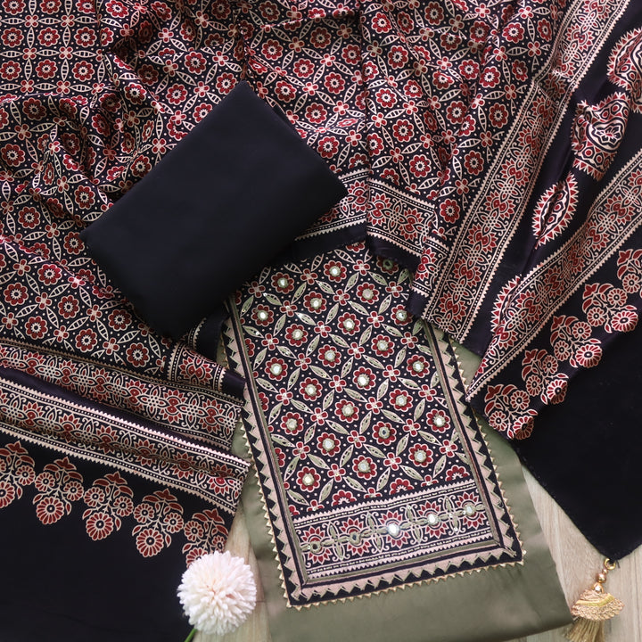 Safar Dark Sage Printed Work Neck Glazed Cotton Suit with Mashru Dupatta-D2