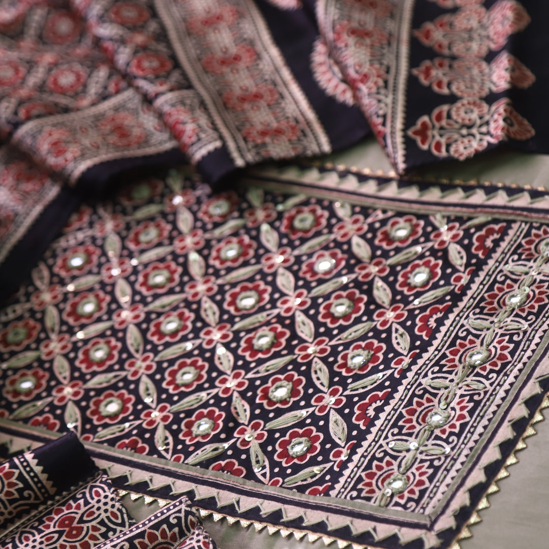 Safar Dark Sage Printed Work Neck Glazed Cotton Suit with Mashru Dupatta-D2