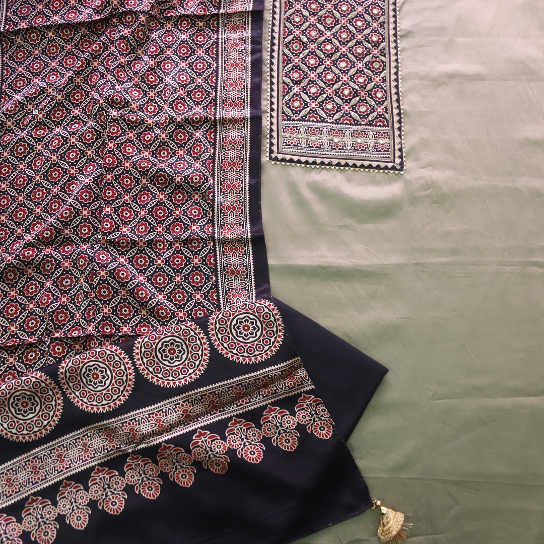 Safar Dark Sage Printed Work Neck Glazed Cotton Suit with Mashru Dupatta-D2