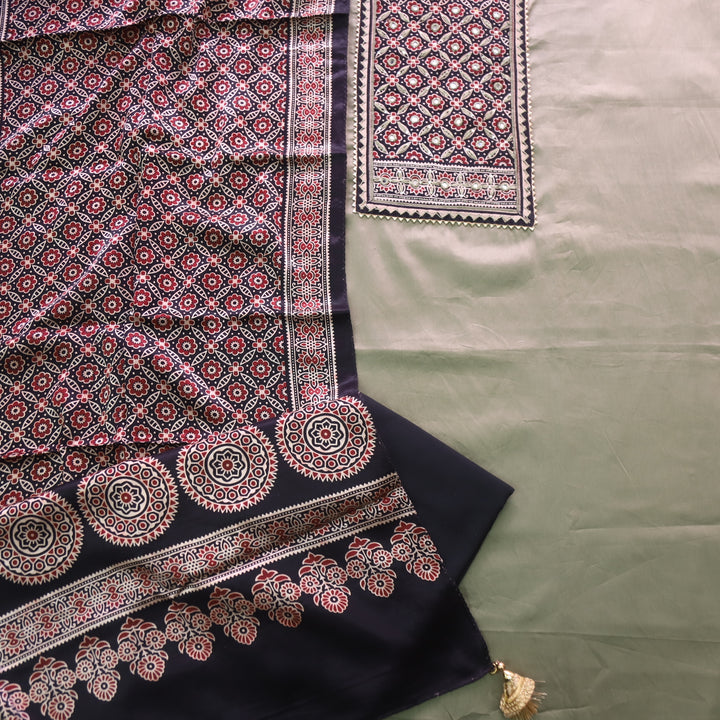 Safar Dark Sage Printed Work Neck Glazed Cotton Suit with Mashru Dupatta-D2