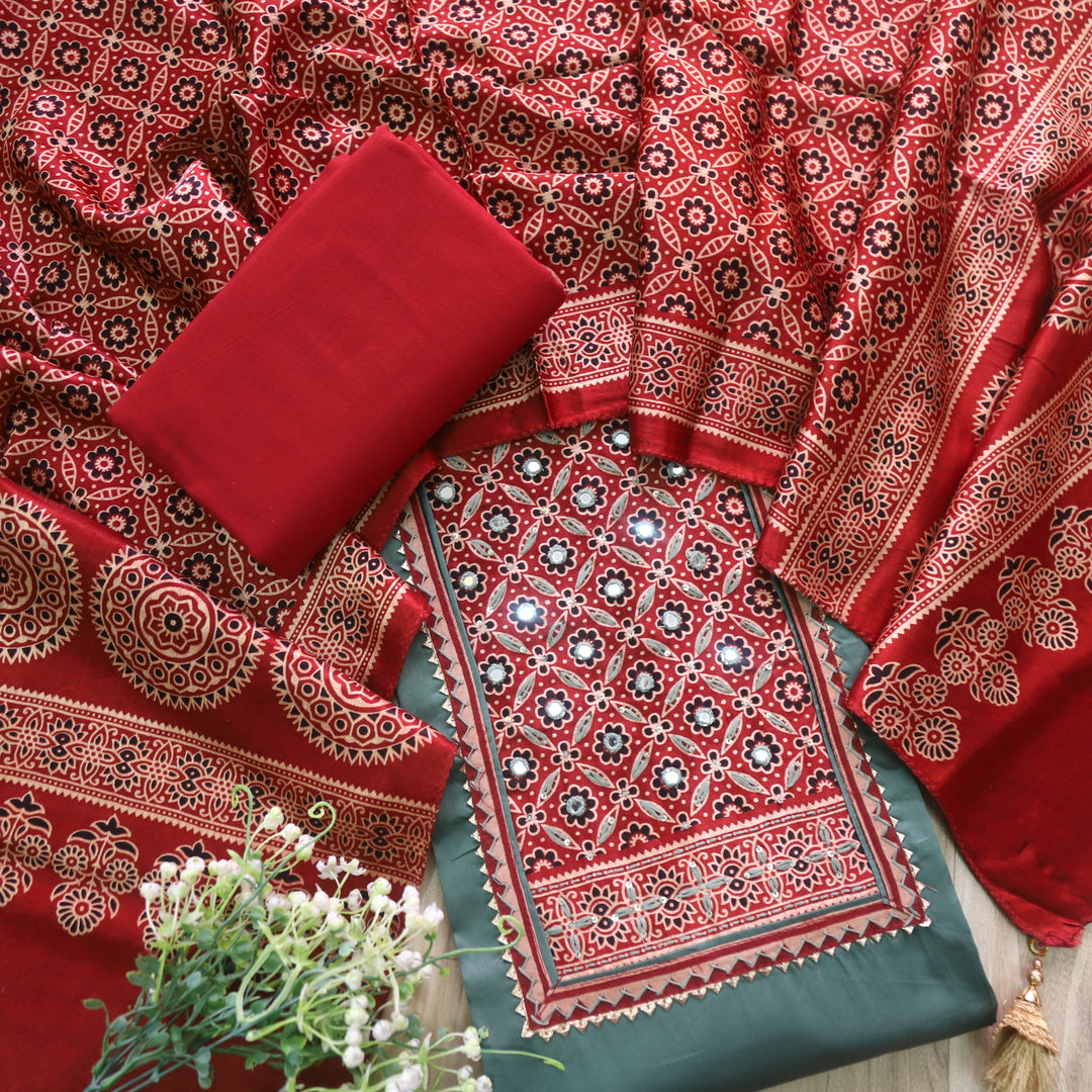 Safar Dusty Green Printed Work Neck Glazed Cotton Suit with Mashru Dupatta-D2