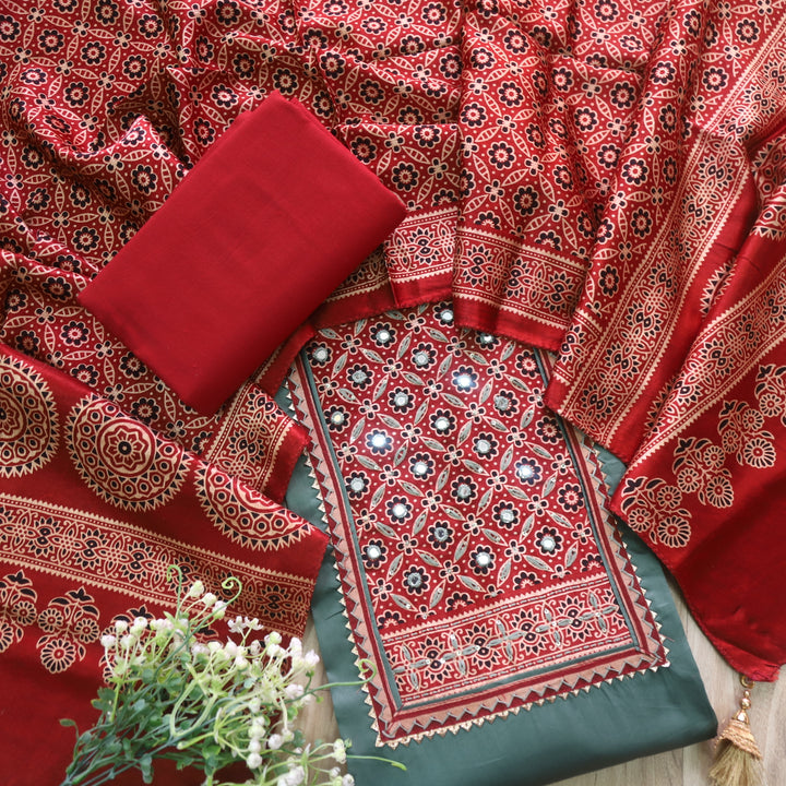 Safar Dusty Green Printed Work Neck Glazed Cotton Suit with Mashru Dupatta-D2