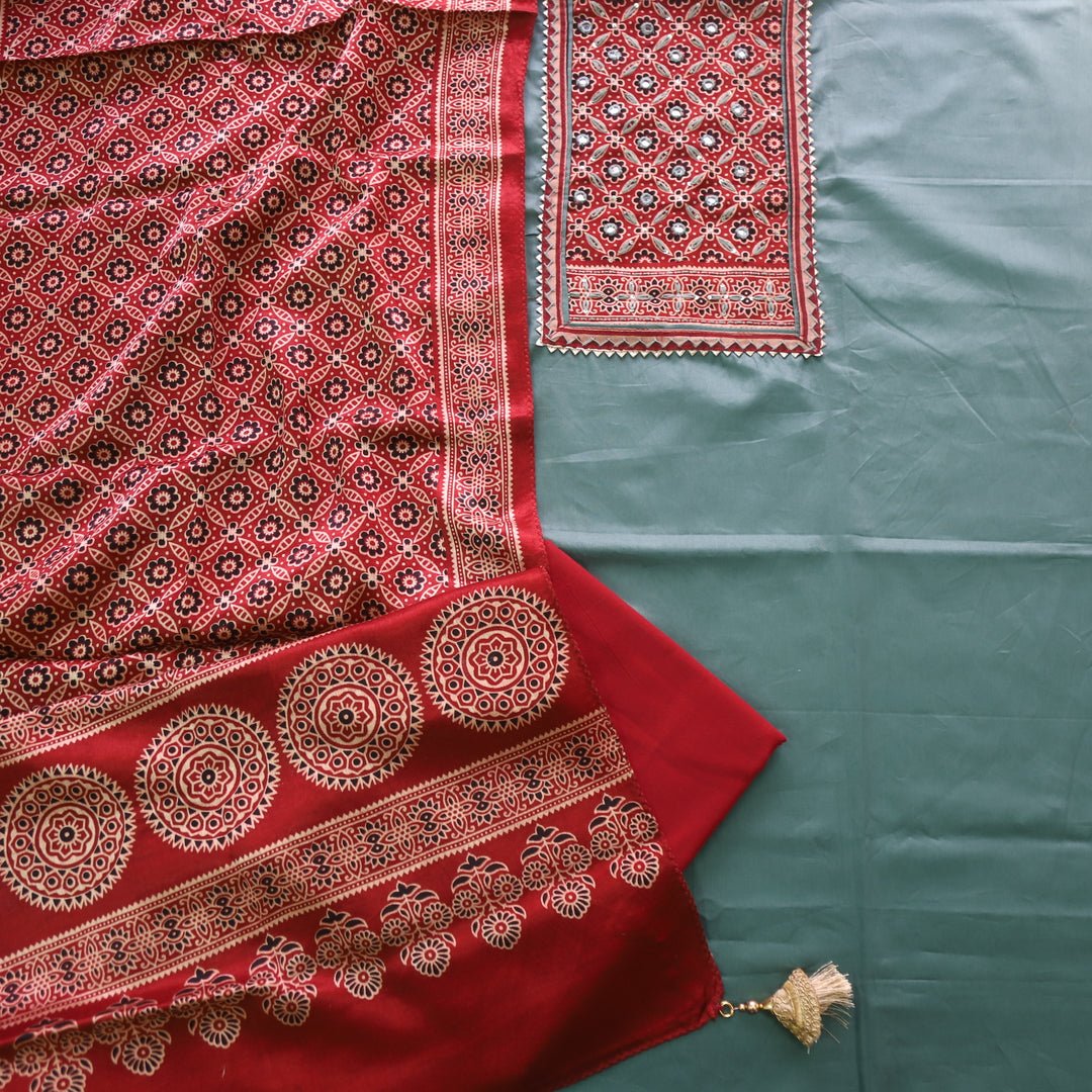 Safar Dusty Green Printed Work Neck Glazed Cotton Suit with Mashru Dupatta-D2
