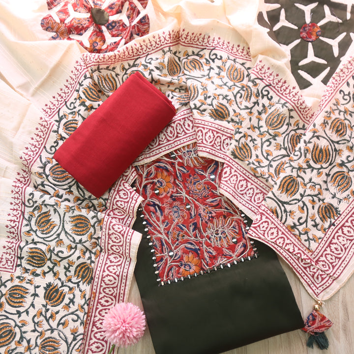 Guzaarish Dark Green Ajrak Work Neck with kalamkari Applique Dupatta Set