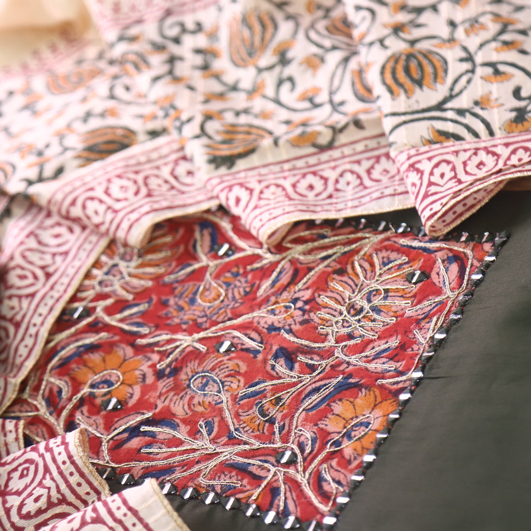 Guzaarish Dark Green Ajrak Work Neck with kalamkari Applique Dupatta Set
