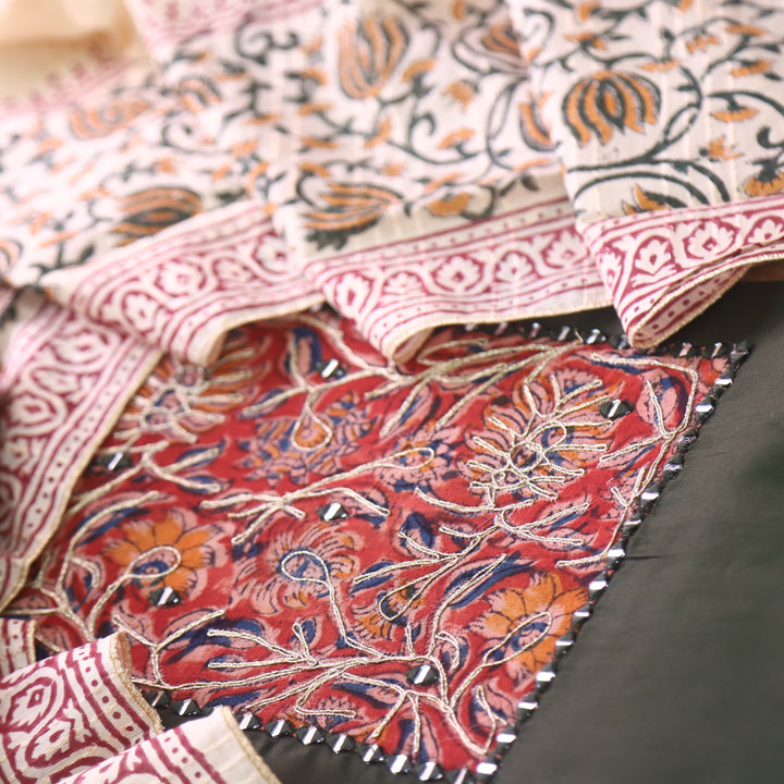 Guzaarish Dark Green Ajrak Work Neck with kalamkari Applique Dupatta Set