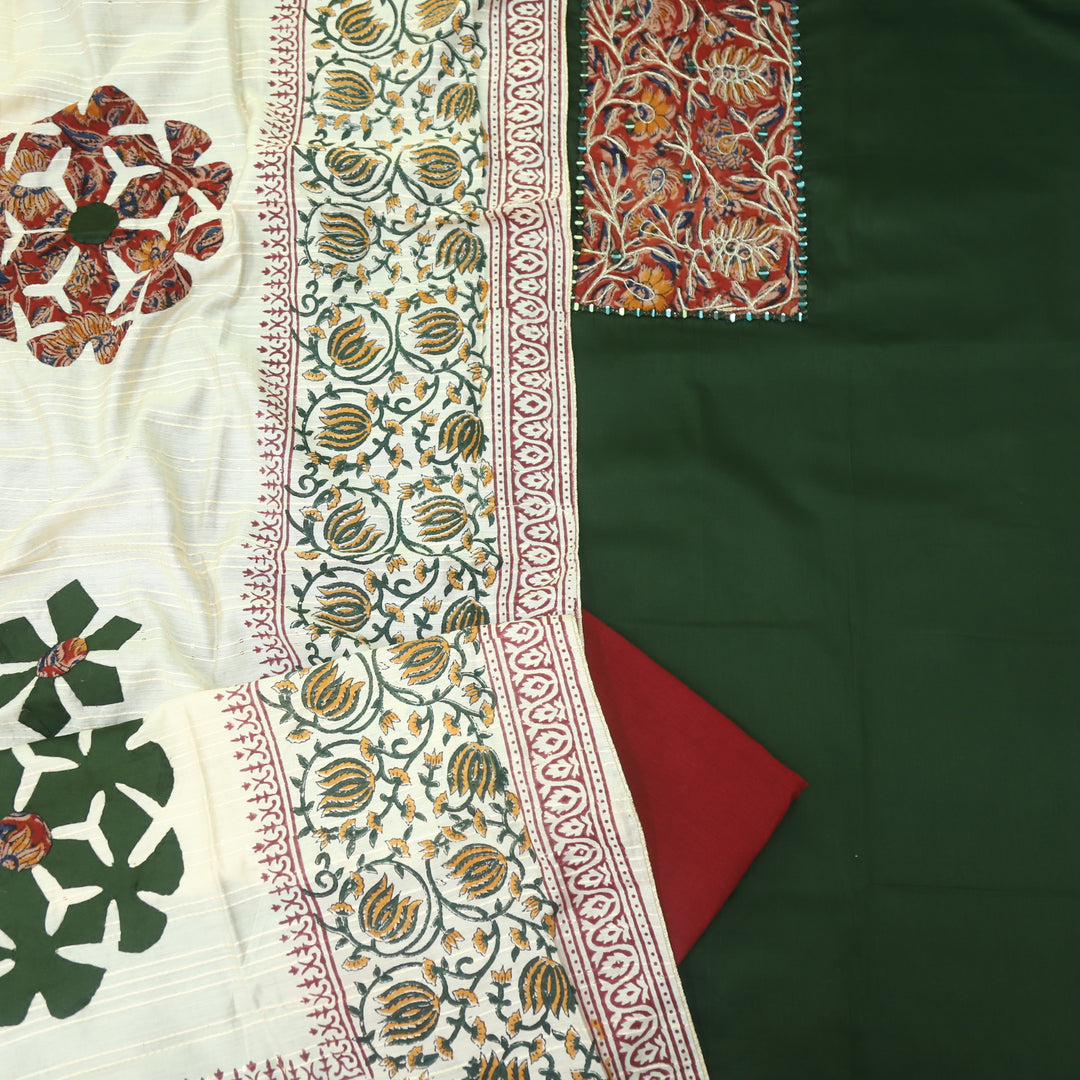 Guzaarish Dark Green Ajrak Work Neck with kalamkari Applique Dupatta Set