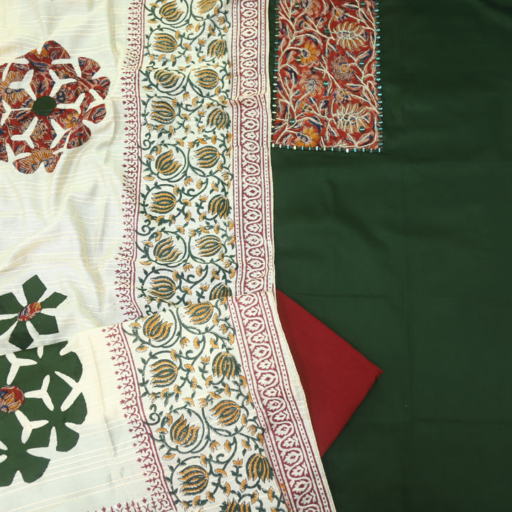 Guzaarish Dark Green Ajrak Work Neck with kalamkari Applique Dupatta Set