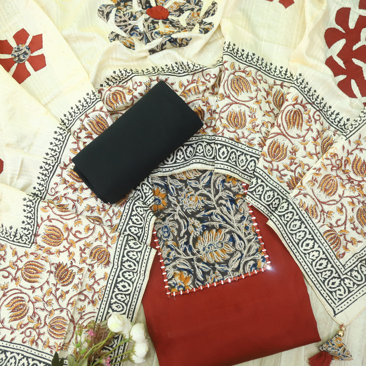 Guzaarish Cherry Red Ajrak Work Neck with kalamkari Applique Dupatta Set