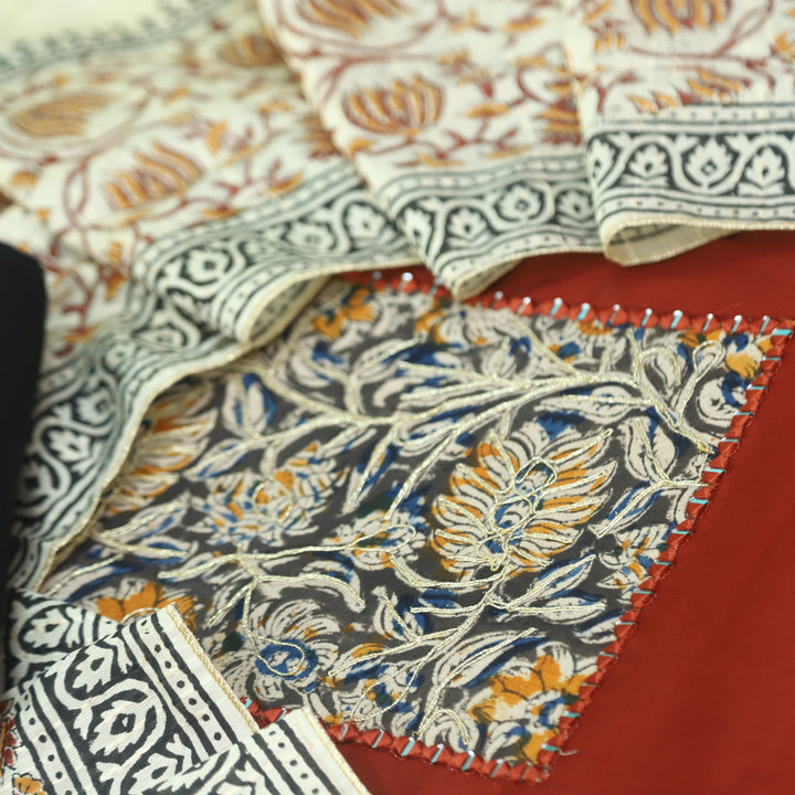 Guzaarish Cherry Red Ajrak Work Neck with kalamkari Applique Dupatta Set