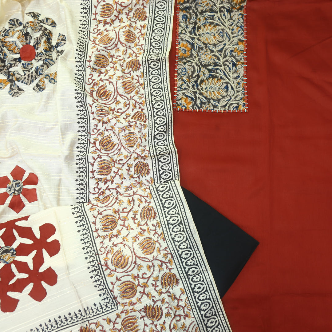 Guzaarish Cherry Red Ajrak Work Neck with kalamkari Applique Dupatta Set