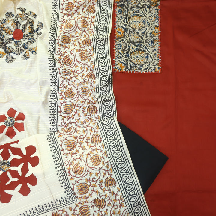Guzaarish Cherry Red Ajrak Work Neck with kalamkari Applique Dupatta Set