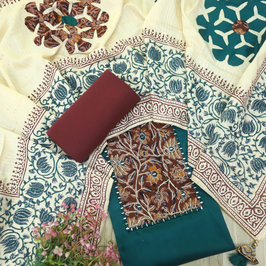 Guzaarish Teal Blue Ajrak Work Neck with kalamkari Applique Dupatta Set