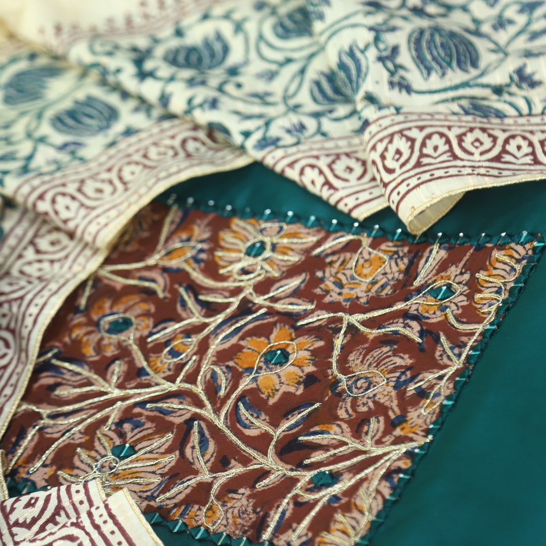 Guzaarish Teal Blue Ajrak Work Neck with kalamkari Applique Dupatta Set