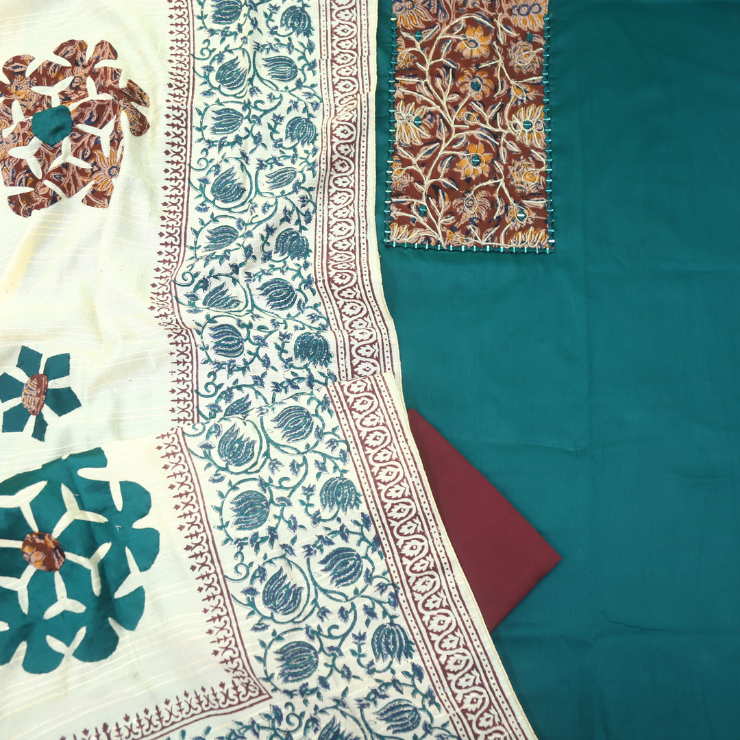Guzaarish Teal Blue Ajrak Work Neck with kalamkari Applique Dupatta Set