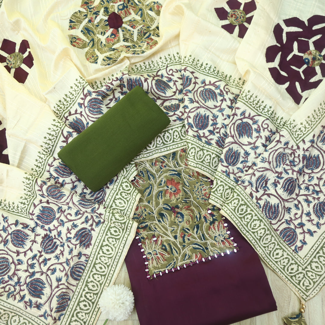 Guzaarish Eggplant Purple Ajrak Work Neck with kalamkari Applique Dupatta Set