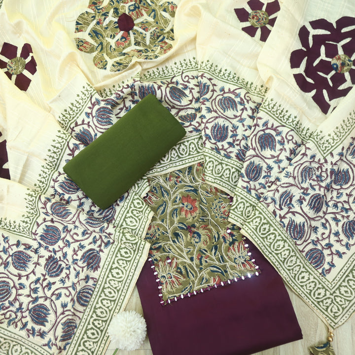 Guzaarish Eggplant Purple Ajrak Work Neck with kalamkari Applique Dupatta Set
