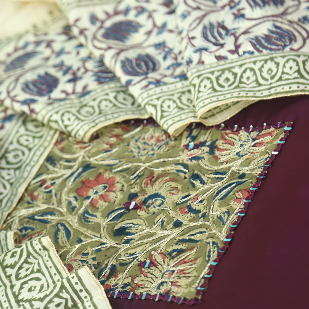 Guzaarish Eggplant Purple Ajrak Work Neck with kalamkari Applique Dupatta Set