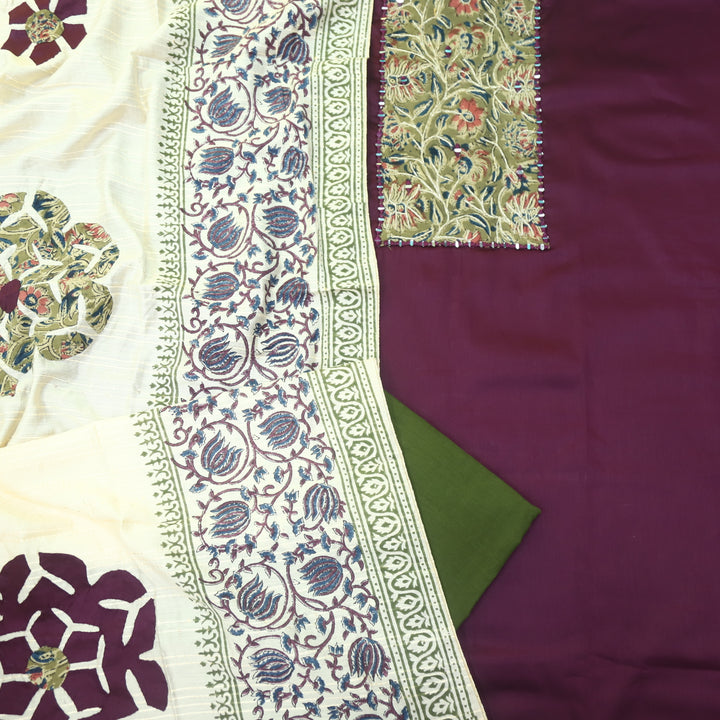 Guzaarish Eggplant Purple Ajrak Work Neck with kalamkari Applique Dupatta Set