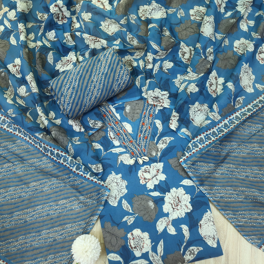 Guzaarish Cerulean Blue V Neck Shell Work Floral Printed Cotton Suit Set
