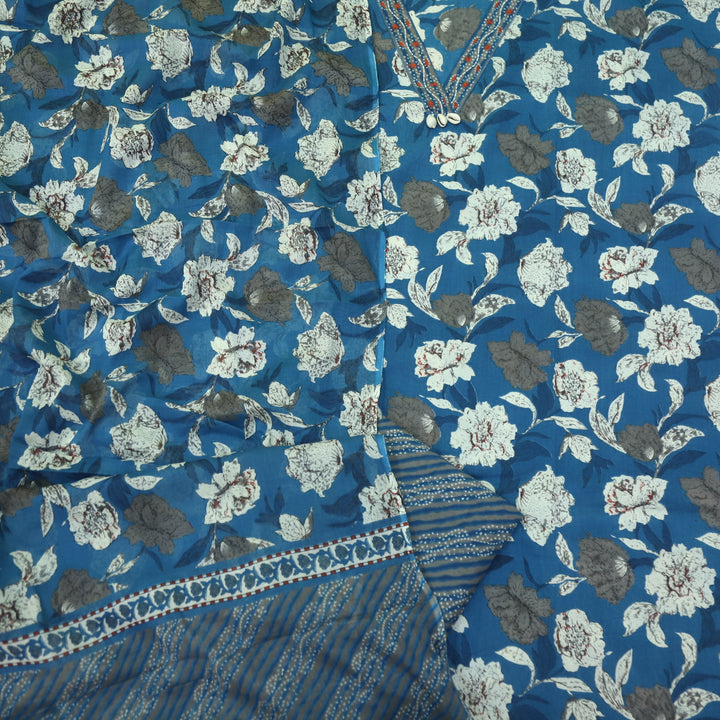Guzaarish Cerulean Blue V Neck Shell Work Floral Printed Cotton Suit Set