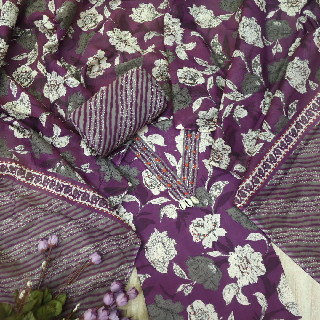 Guzaarish Eggplant Purple V Neck Shell Work Floral Printed Cotton Suit Set