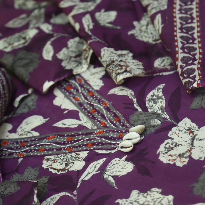 Guzaarish Eggplant Purple V Neck Shell Work Floral Printed Cotton Suit Set