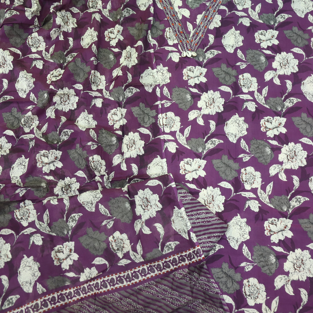 Guzaarish Eggplant Purple V Neck Shell Work Floral Printed Cotton Suit Set