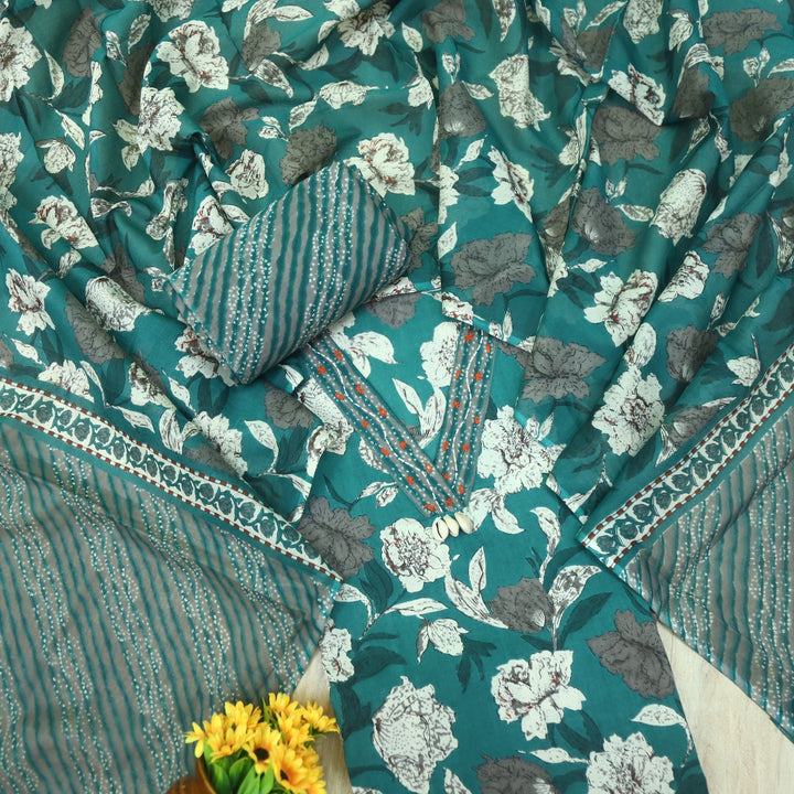 Guzaarish Dark Green V Neck Shell Work Floral Printed Cotton Suit Set