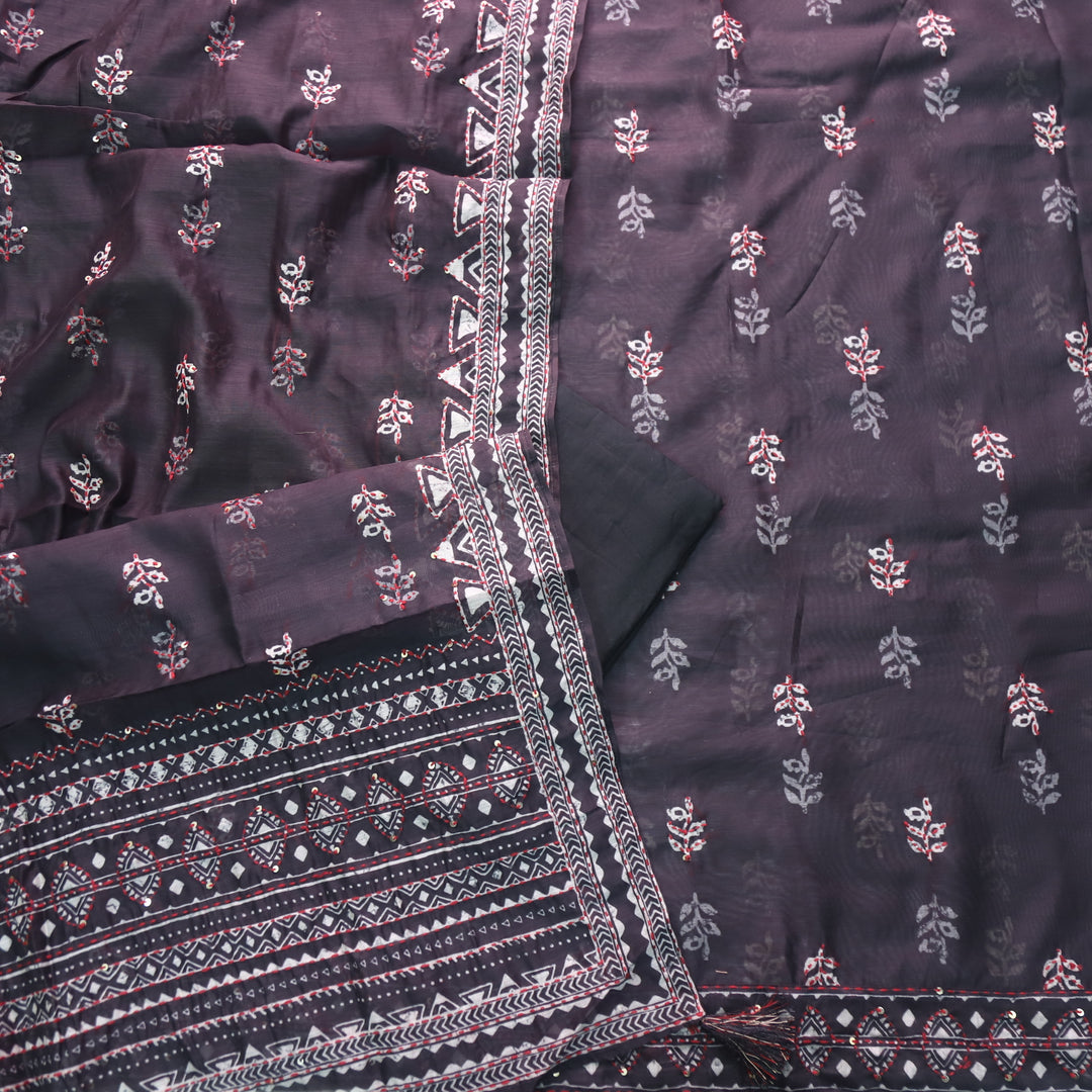 Salaari Ebony Black Kantha Work with Digital Print Chanderi Suit Set