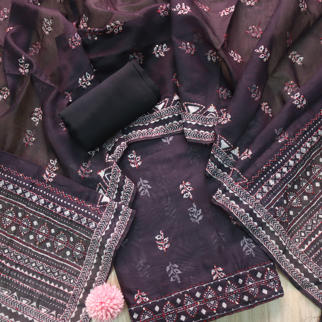 Salaari Ebony Black Kantha Work with Digital Print Chanderi Suit Set