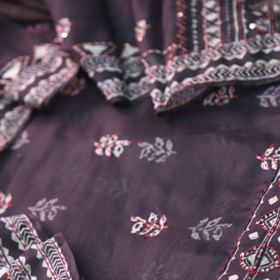 Salaari Ebony Black Kantha Work with Digital Print Chanderi Suit Set