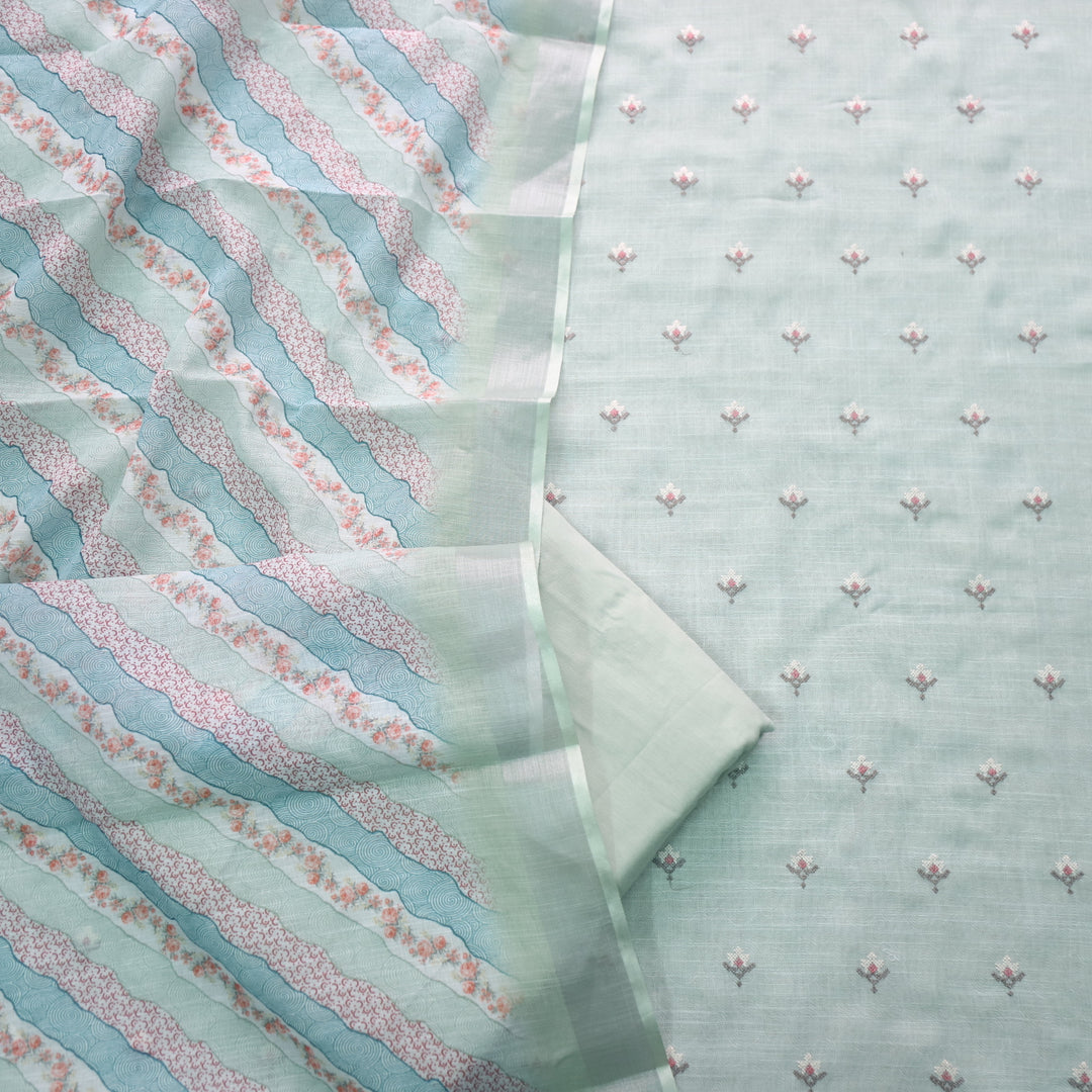 Parchaayi Mint Green Cross Stitch Floral Work Cotton Linen Suit Set